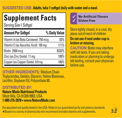 Nature Made Hair Skin and Nails with Biotin 2500 mcg, Dietary Supplement For Healthy Hair Skin and Nails Support..