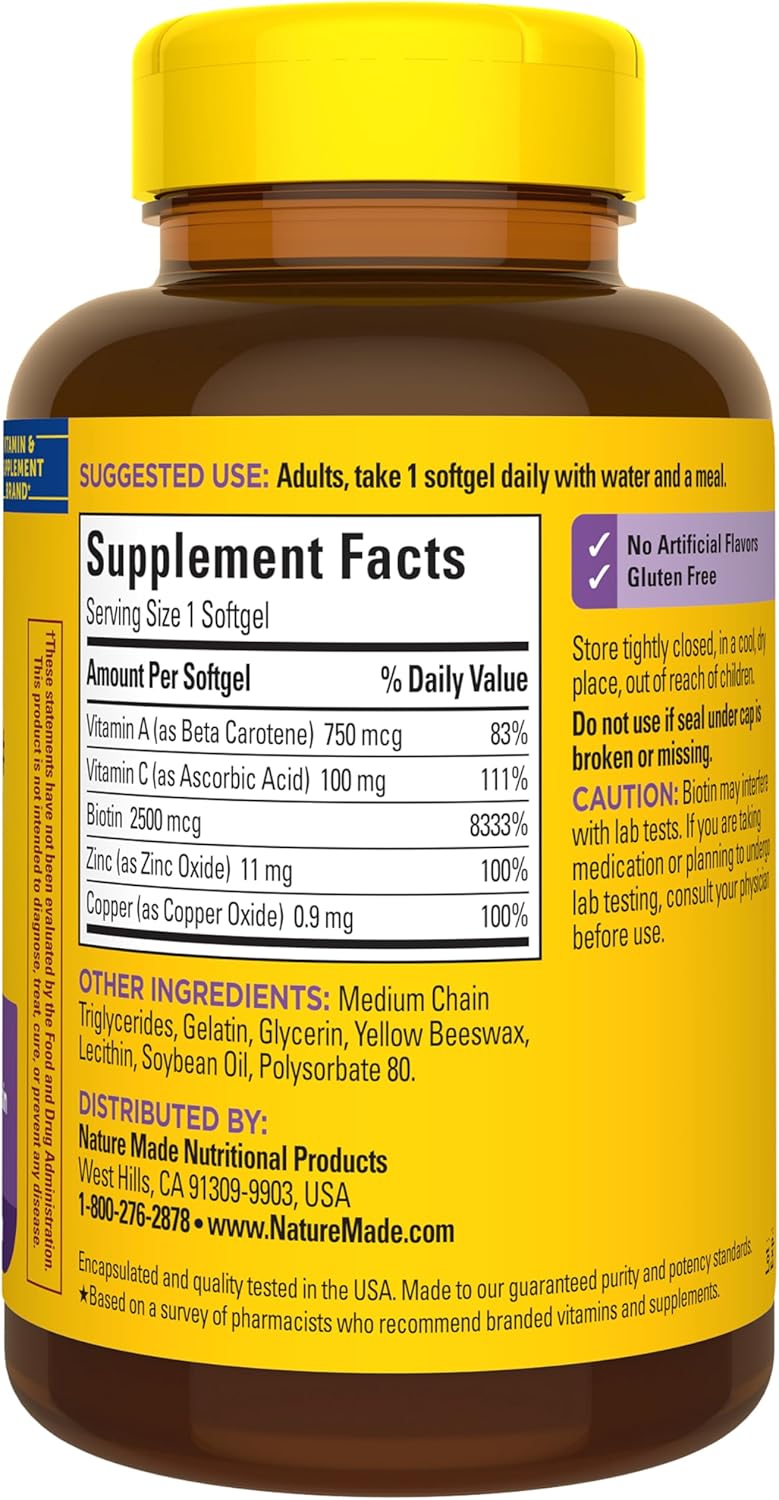 Nature Made Hair Skin and Nails with Biotin 2500 mcg, Dietary Supplement For Healthy Hair Skin and Nails Support..
