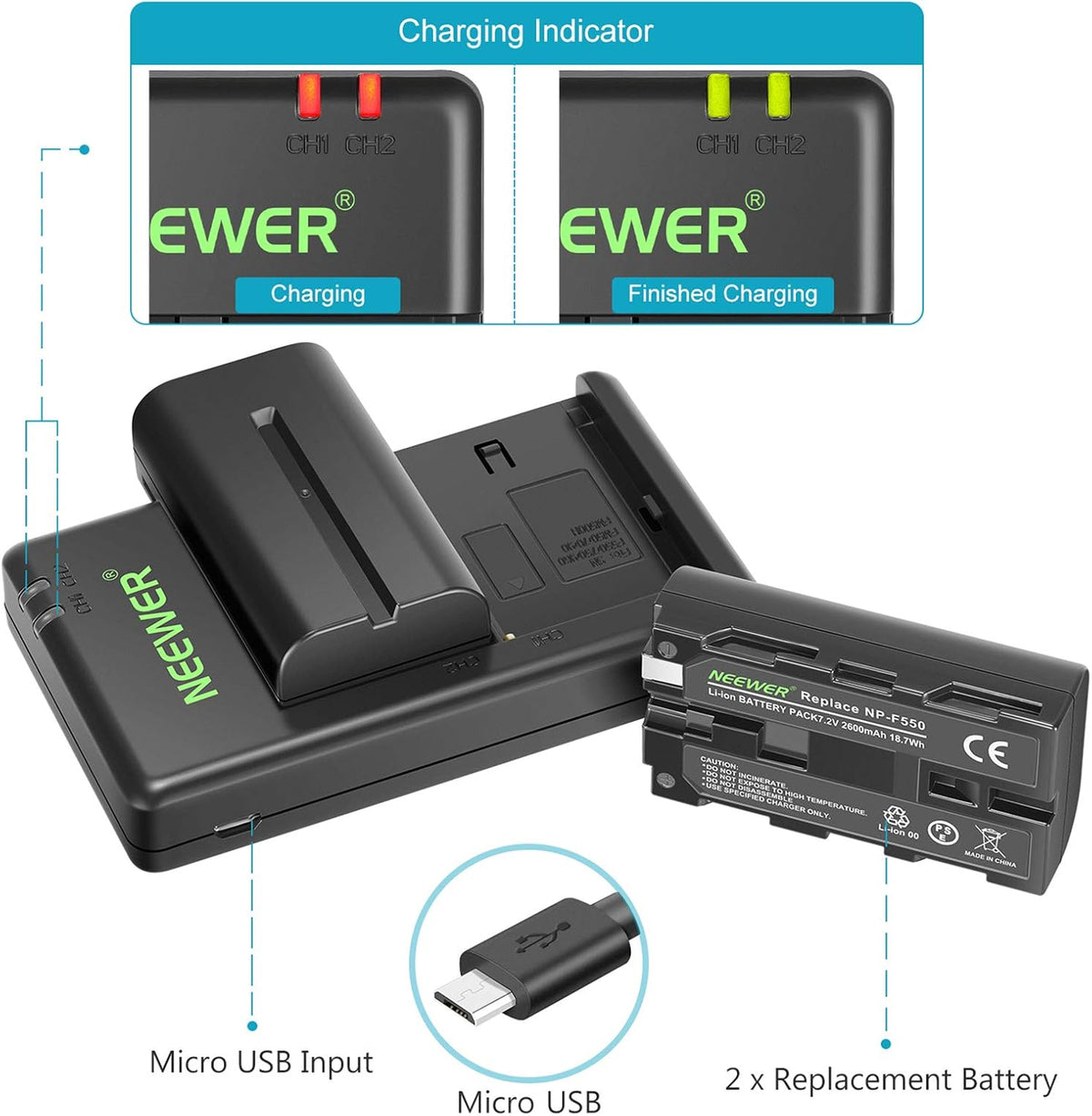 NEEWER NP-F550 Battery Charger Set Compatible with Sony NP-F970 F750 F770..