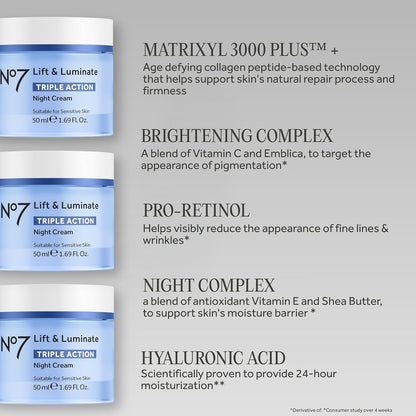 No7 Lift & Luminate Triple Action Night Cream, 1.7 Fl Oz