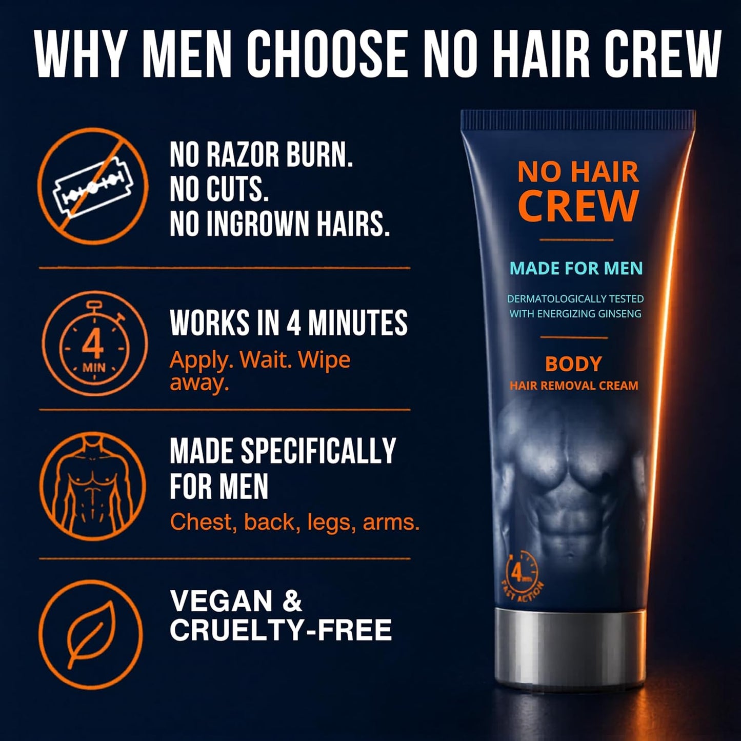 No Hair Crew Body At Home Hair Removal Cream for Manscaping Unwanted Hair with Energizing Ginseng..