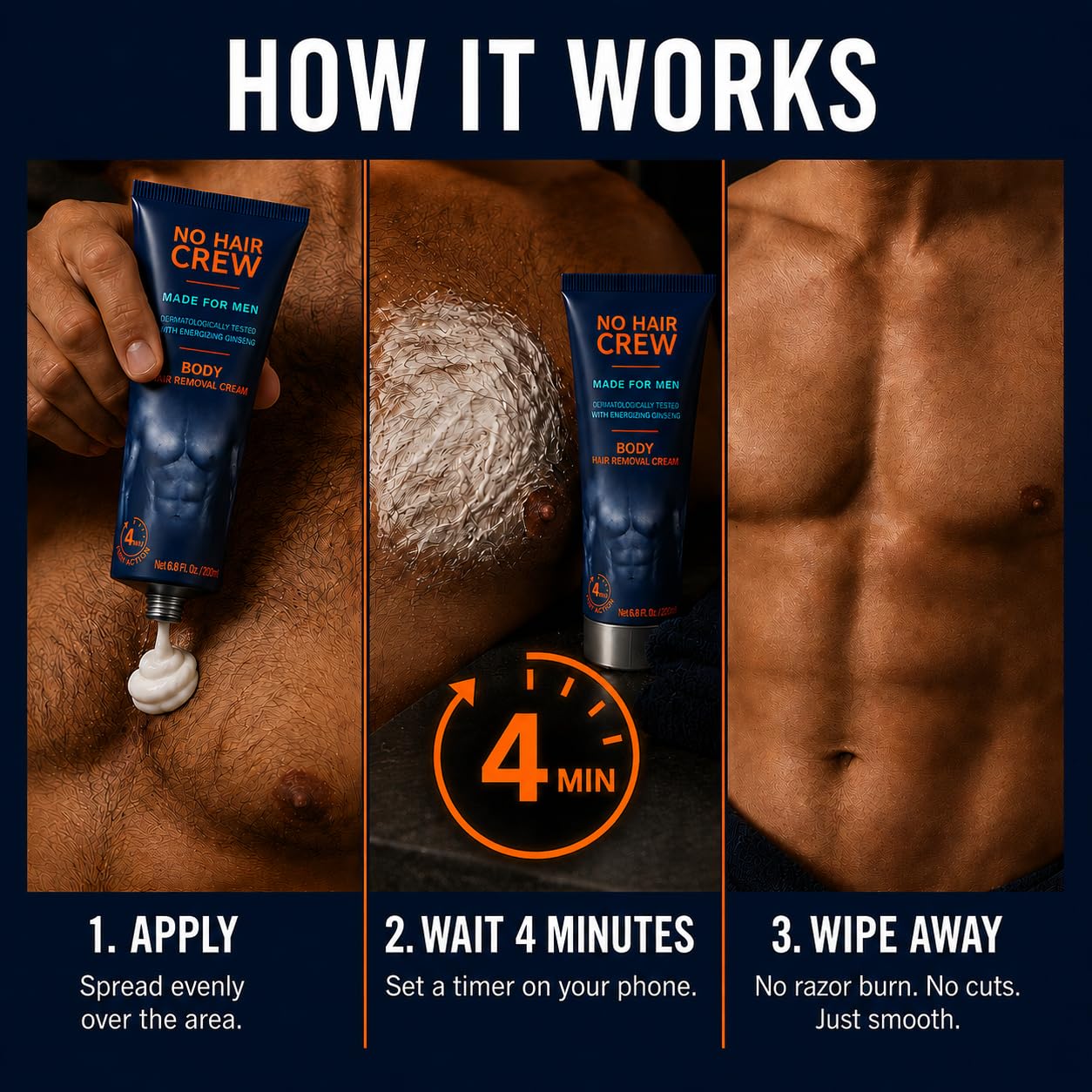 No Hair Crew Body At Home Hair Removal Cream for Manscaping Unwanted Hair with Energizing Ginseng..