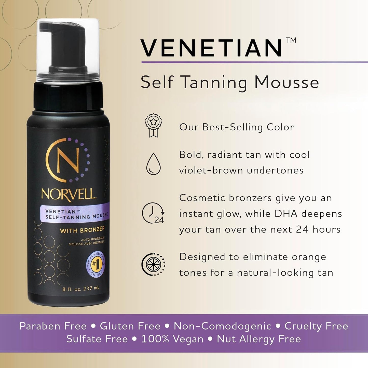 Norvell Venetian Sunless Self Tanner Mousse with Bronzer, 8 Fl Oz - Instant Self Tanning  - Natural Looking - Anti-Orange ..