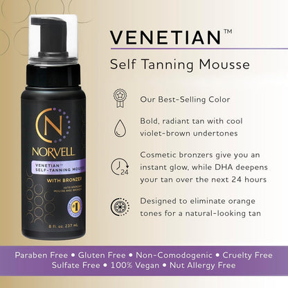 Norvell Venetian Sunless Self Tanner Mousse with Bronzer, 8 Fl Oz - Instant Self Tanning  - Natural Looking - Anti-Orange ..