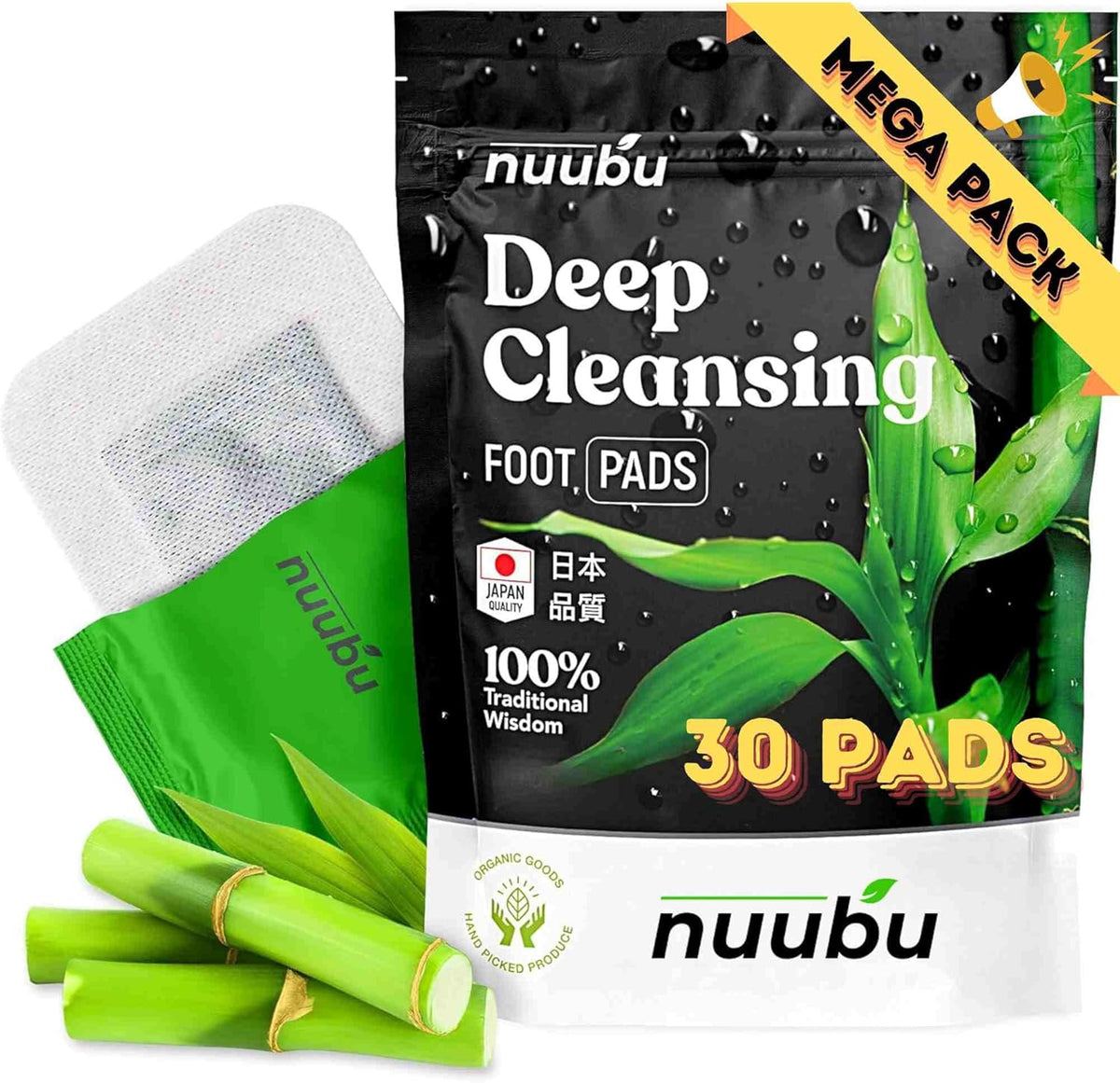 Nuubu Foot Pads - Premium Japanese Organic Natural Herbal Patches for Foot Care, Natural Ingredients - Bamboo Vinegar & Tourmaline (30 Pc)