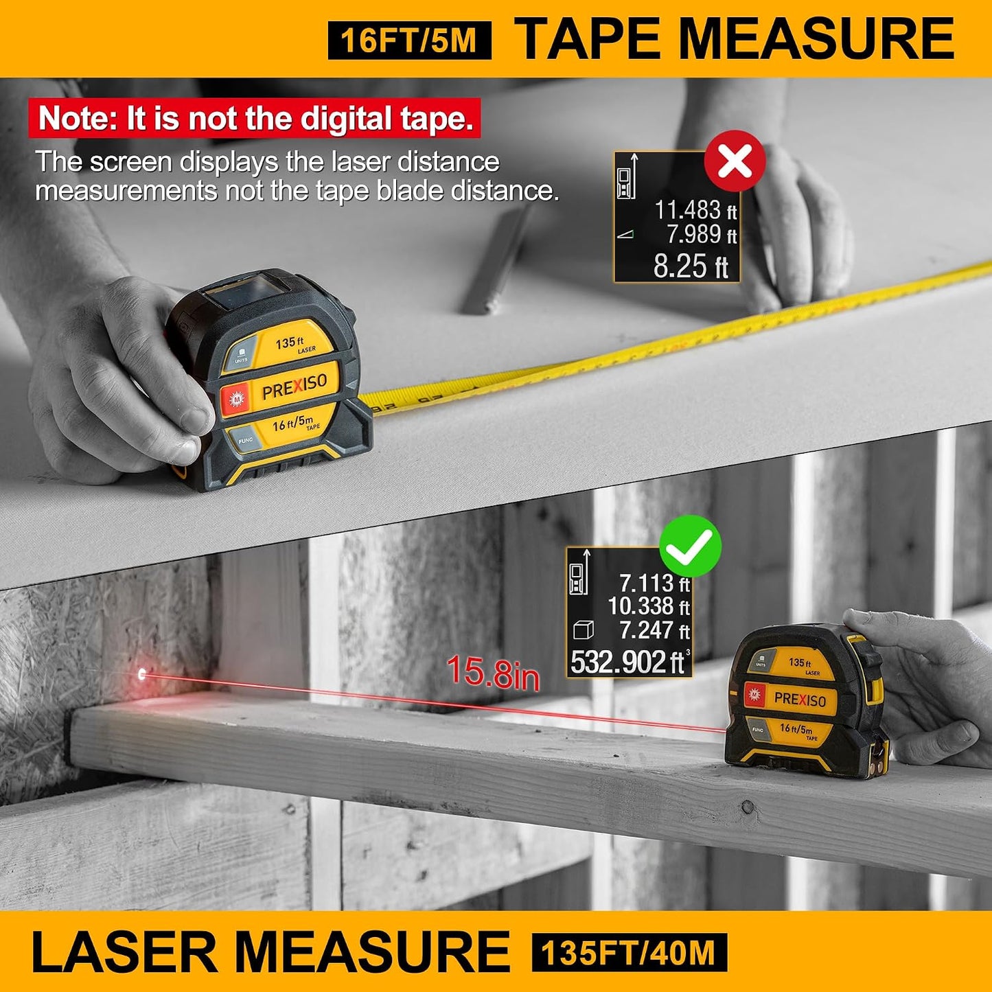 PREXISO 2-in-1 Laser Tape Measure 135Ft Rechargeable Laser Measurement Tool