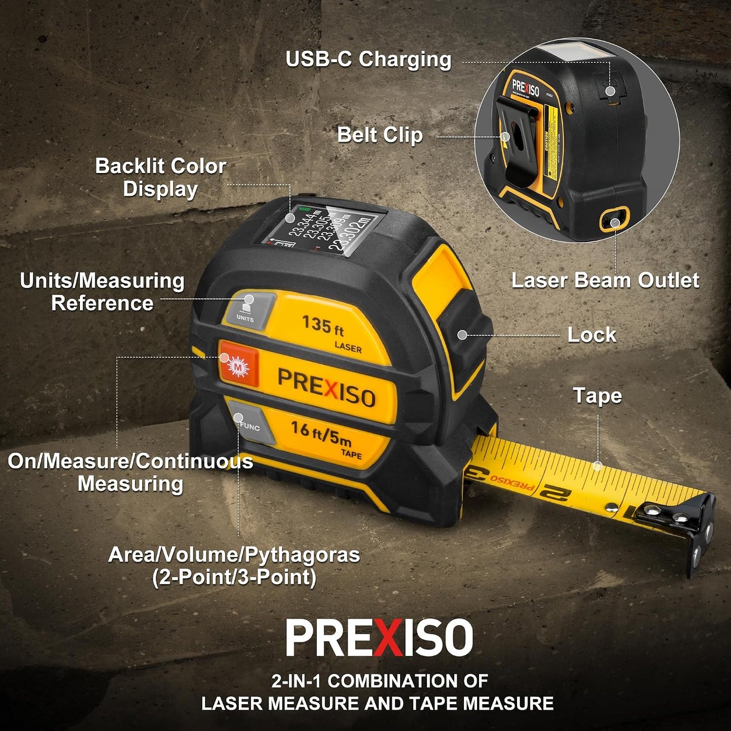 PREXISO 2-in-1 Laser Tape Measure 135Ft Rechargeable Laser Measurement Tool