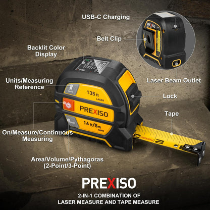 PREXISO 2-in-1 Laser Tape Measure 135Ft Rechargeable Laser Measurement Tool