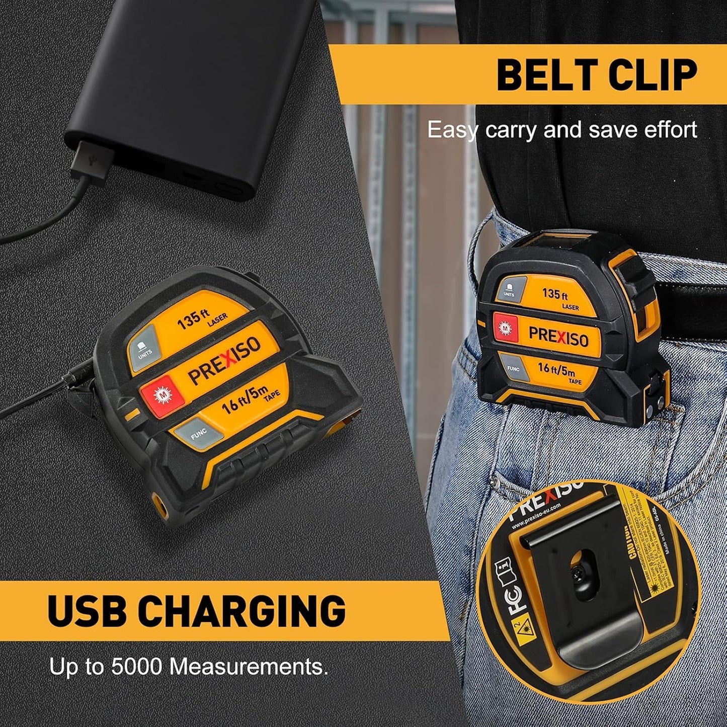 PREXISO 2-in-1 Laser Tape Measure 135Ft Rechargeable Laser Measurement Tool
