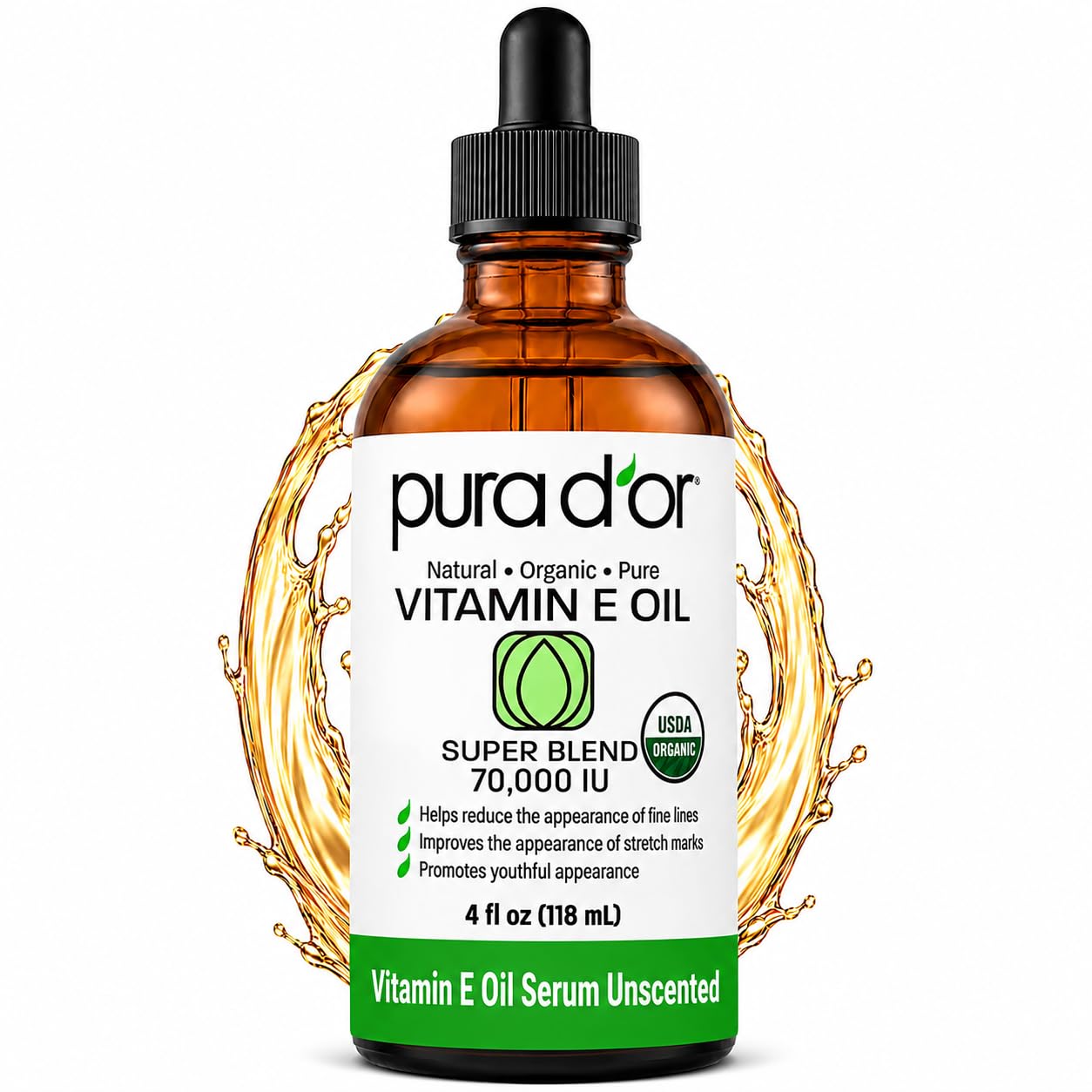 PURA D'OR ORGANIC Vitamin E Oil 70,000 IU Blend for Skin & Face, 4oz