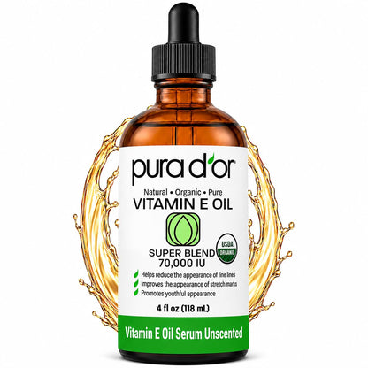 PURA D'OR ORGANIC Vitamin E Oil 70,000 IU Blend for Skin & Face, 4oz