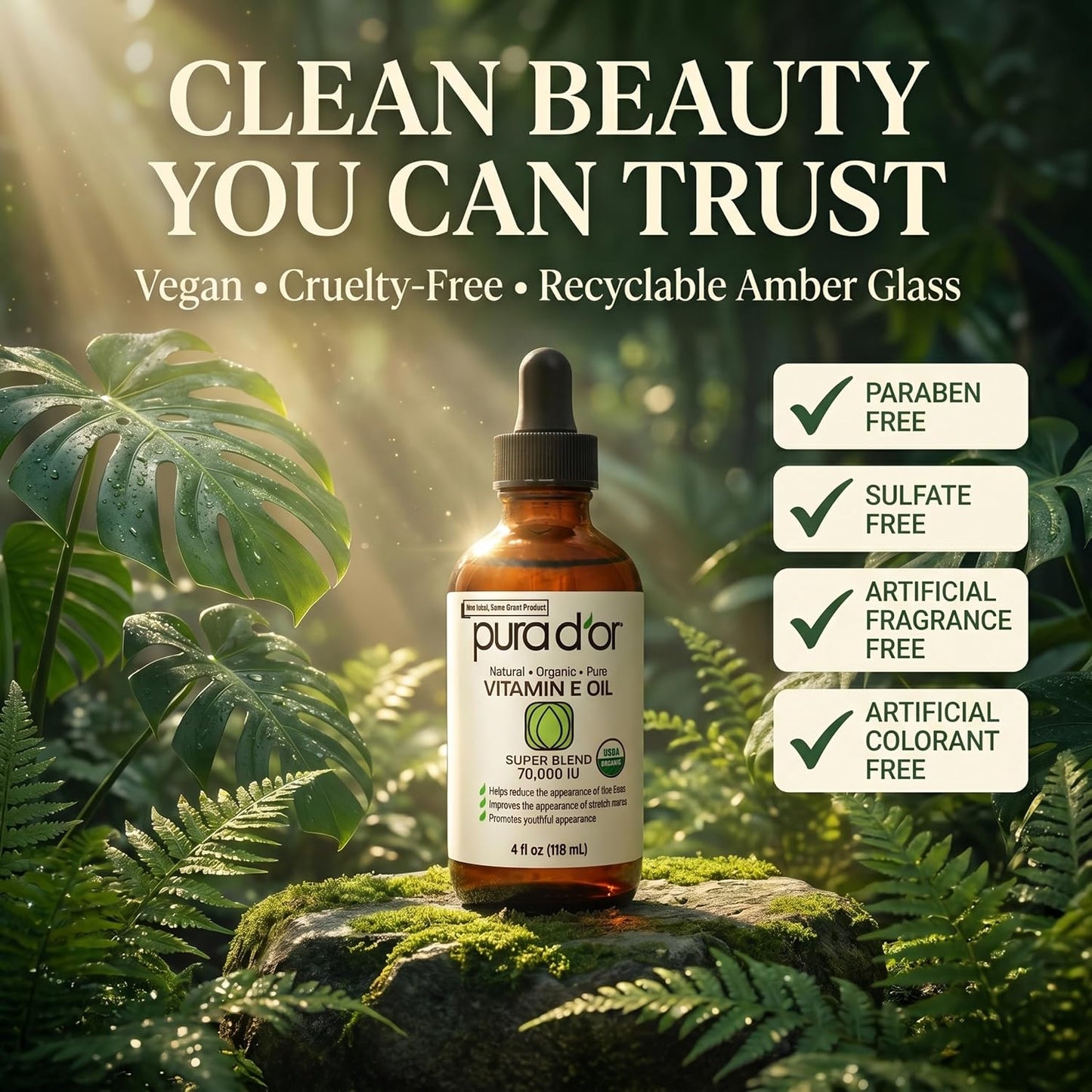 PURA D'OR ORGANIC Vitamin E Oil 70,000 IU Blend for Skin & Face, 4oz
