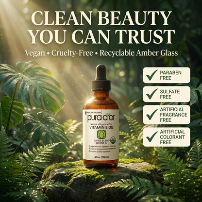 PURA D'OR ORGANIC Vitamin E Oil 70,000 IU Blend for Skin & Face, 4oz