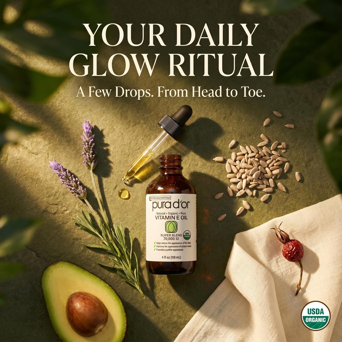 PURA D'OR ORGANIC Vitamin E Oil 70,000 IU Blend for Skin & Face, 4oz