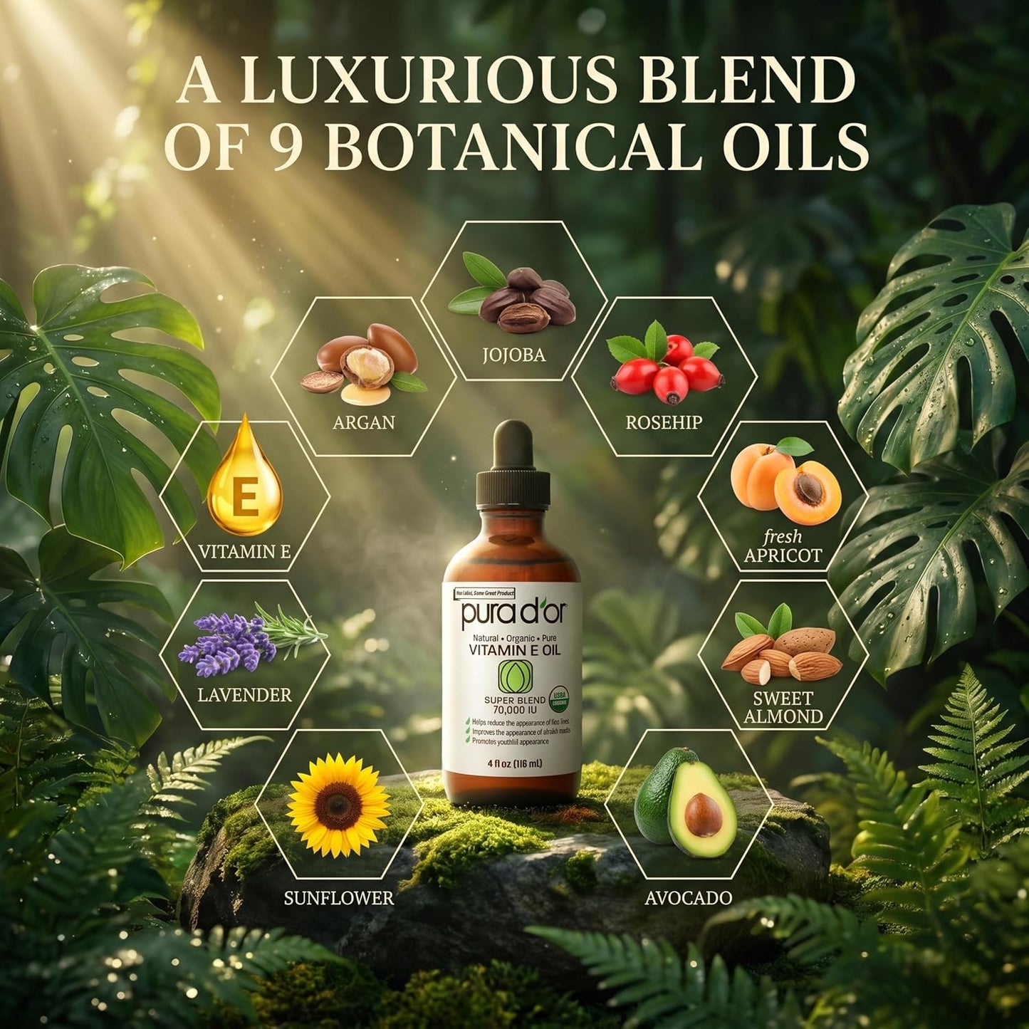 PURA D'OR ORGANIC Vitamin E Oil 70,000 IU Blend for Skin & Face, 4oz