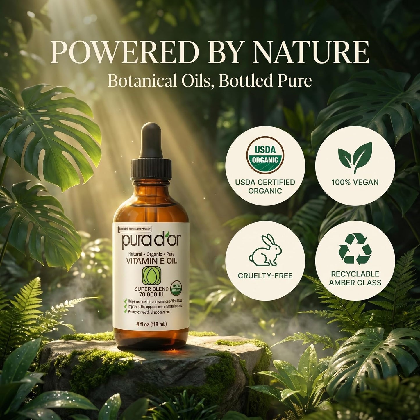 PURA D'OR ORGANIC Vitamin E Oil 70,000 IU Blend for Skin & Face, 4oz