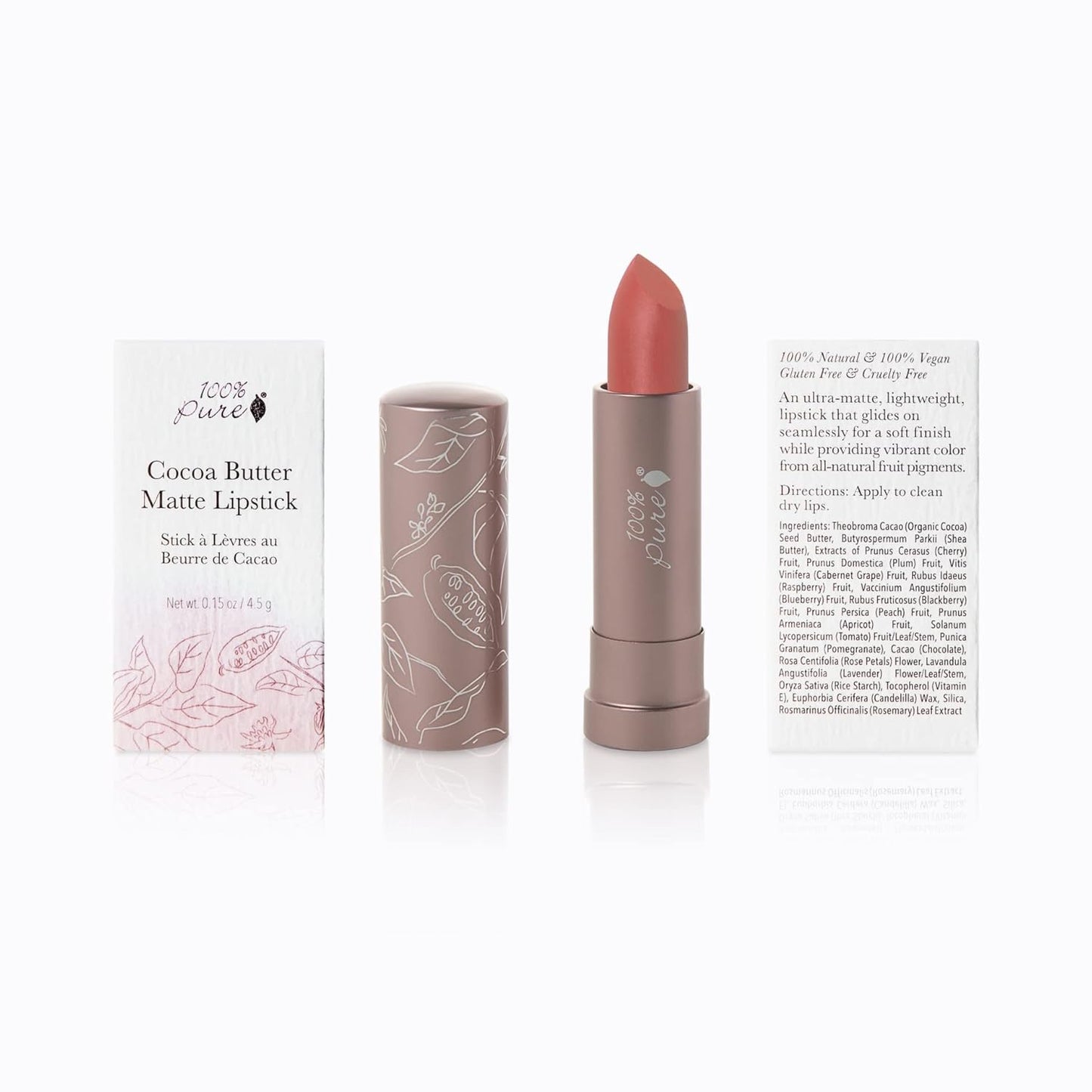 100% PURE Cocoa Butter Matte Lipstick, Mirage, 0.15 oz | Moisturizing; Vegan, Fruit Pigmented