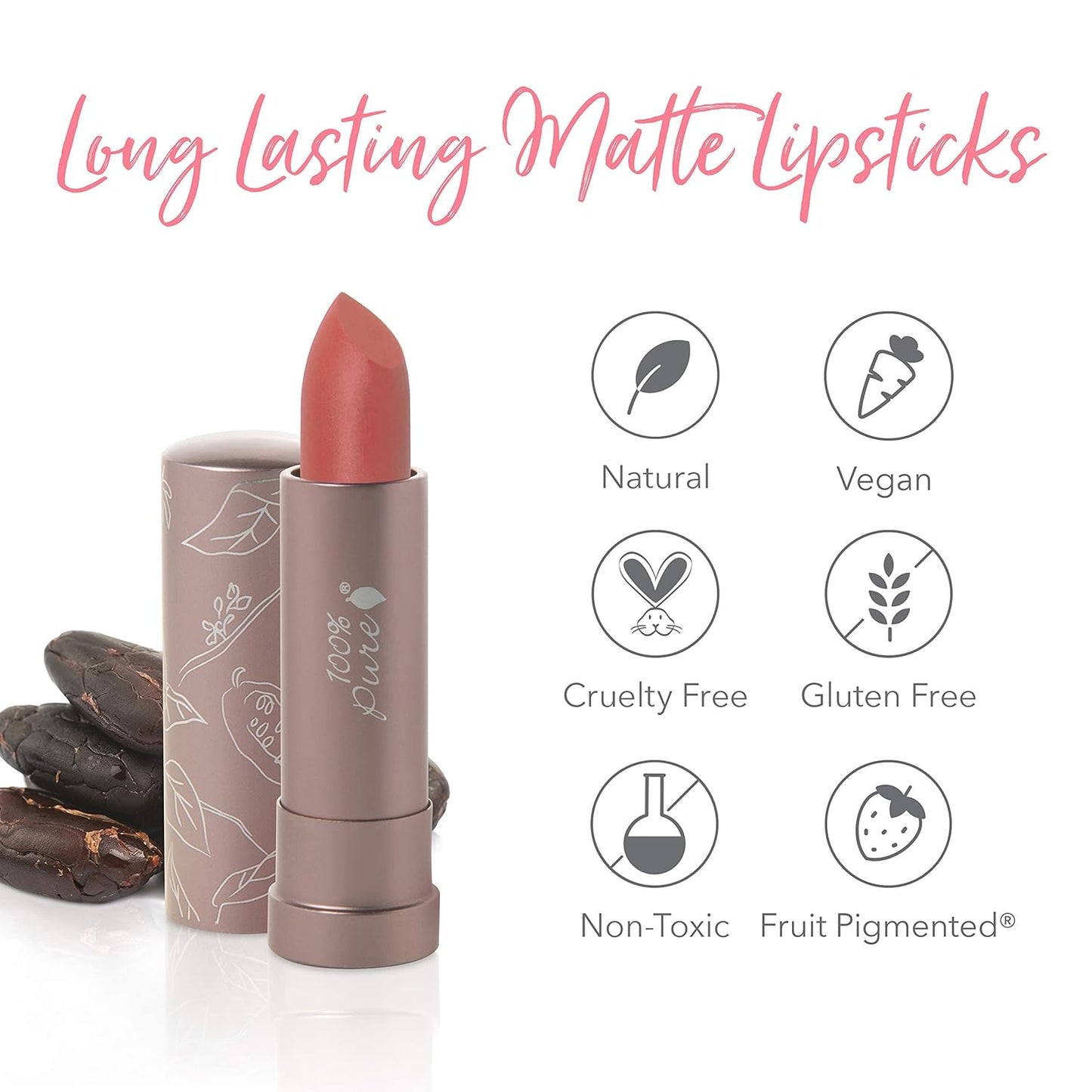 100% PURE Cocoa Butter Matte Lipstick, Mirage, 0.15 oz | Moisturizing; Vegan, Fruit Pigmented