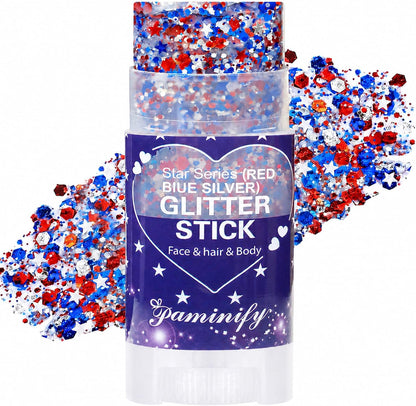 Red White Blue Hair Glitter Stick,4th of July Patriotic America Flag Star Face Body Glitter,250th Independence Day Outfits for Women...