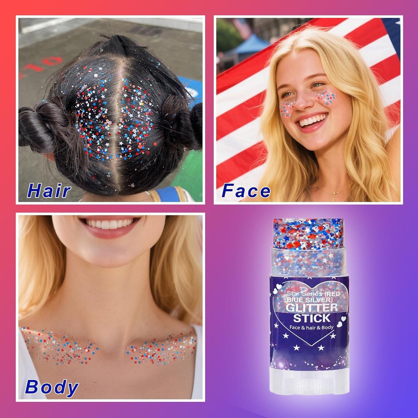 Red White Blue Hair Glitter Stick,4th of July Patriotic America Flag Star Face Body Glitter,250th Independence Day Outfits for Women...