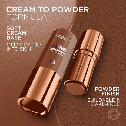 L'Oreal Paris Lumi Bronze Le Stick Soleil Bronzer Stick, Cream-To-Powder Bronzer For A Sunkissed Face Makeup Glow..