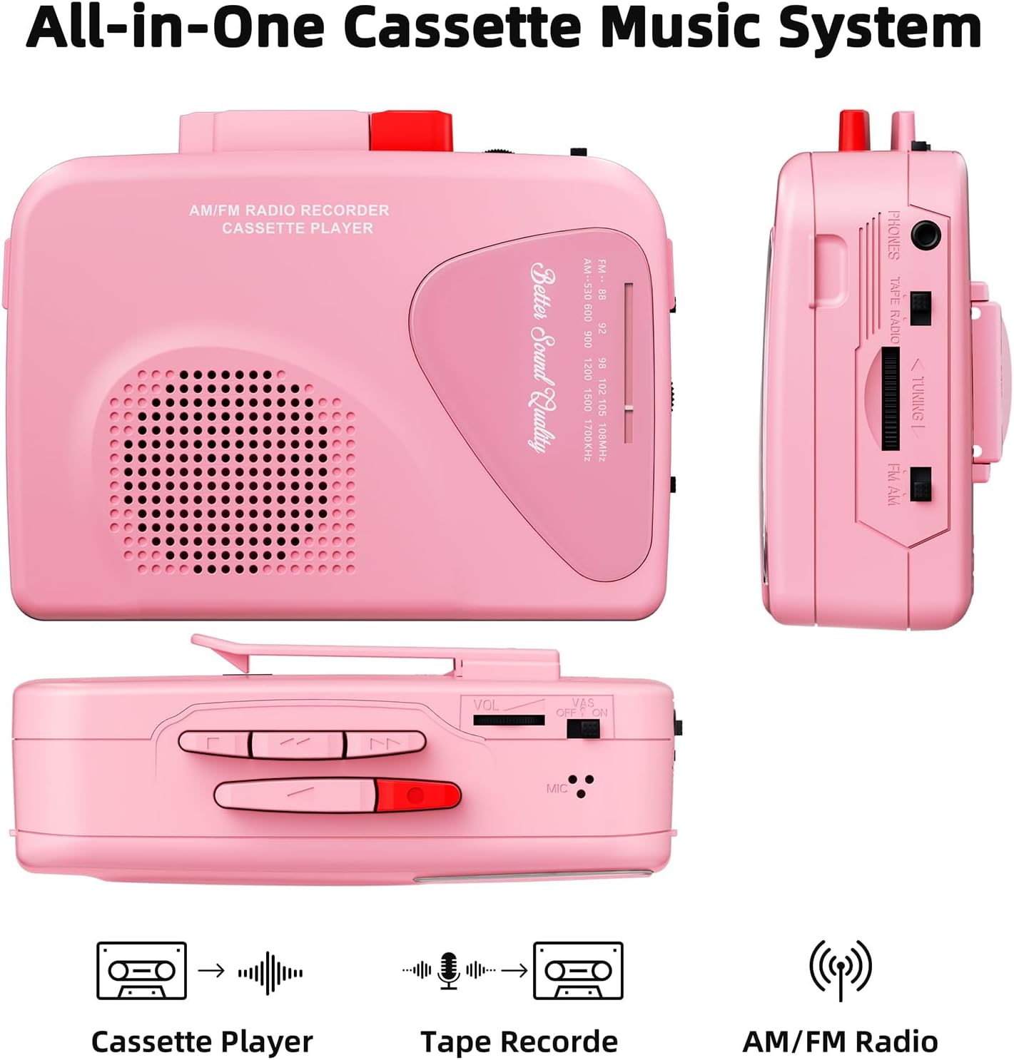 Cassette Player Tape Recorders AM/FM Radio, Portable Tape Player Records, Pink and blue..
