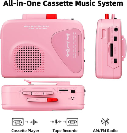 Cassette Player Tape Recorders AM/FM Radio, Portable Tape Player Records, Pink and blue..