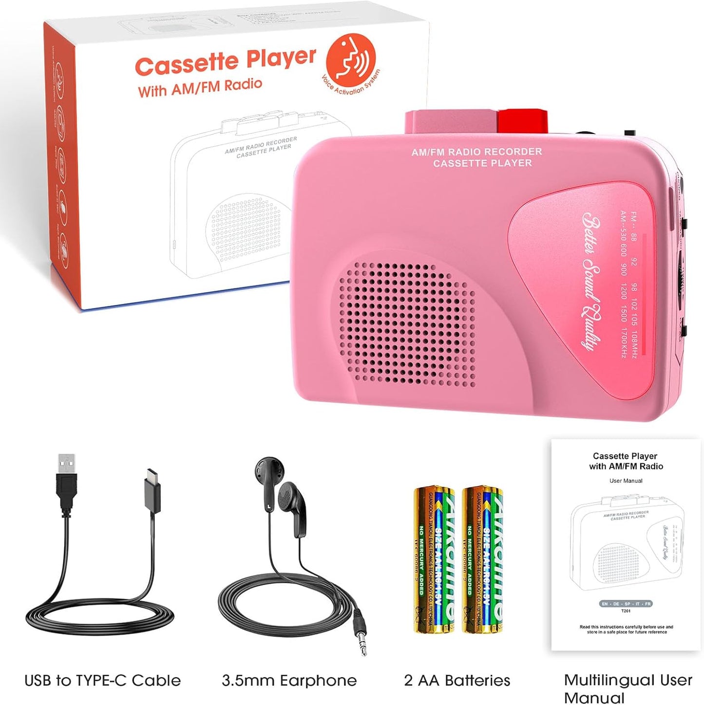Cassette Player Tape Recorders AM/FM Radio, Portable Tape Player Records, Pink and blue..