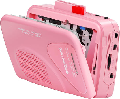 Cassette Player Tape Recorders AM/FM Radio, Portable Tape Player Records, Pink and blue..