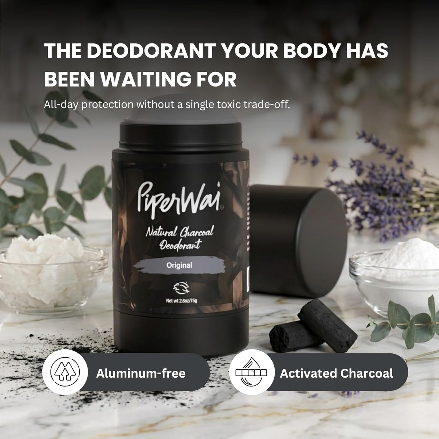 PiperWai Natural Deodorant w/Activated Charcoal | Odor Protection, Vegan, Aluminum Free, Shark Tank Product for Women & Men..