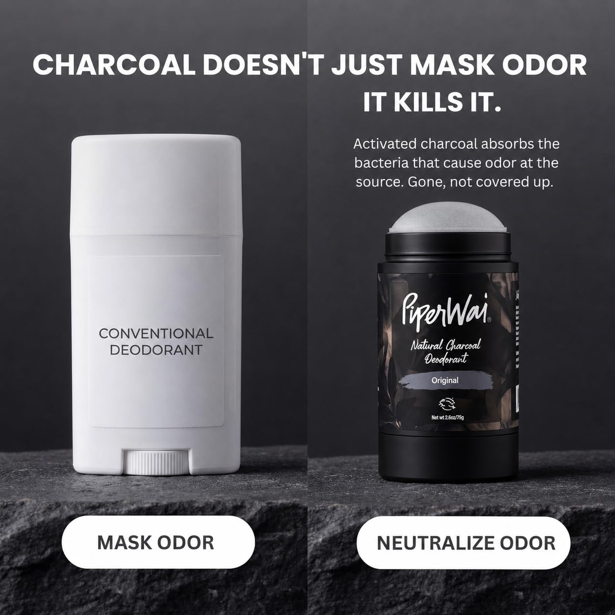 PiperWai Natural Deodorant w/Activated Charcoal | Odor Protection, Vegan, Aluminum Free, Shark Tank Product for Women & Men..