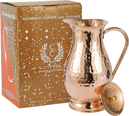 Pure Copper Pitcher with a Lid, Large Size Solid Handcrafted Copper Water Hammered Jug..