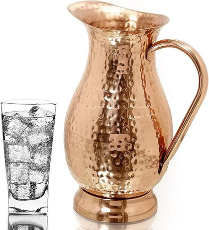 Pure Copper Pitcher with a Lid, Large Size Solid Handcrafted Copper Water Hammered Jug..