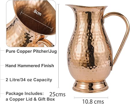Pure Copper Pitcher with a Lid, Large Size Solid Handcrafted Copper Water Hammered Jug..