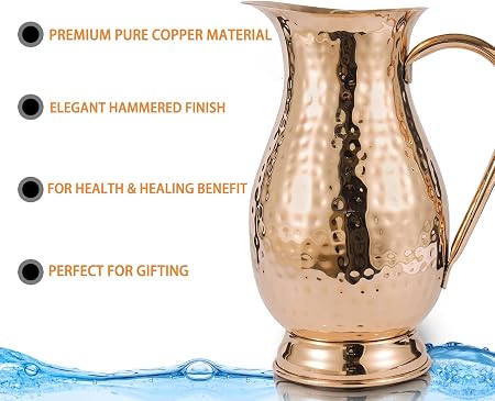 Pure Copper Pitcher with a Lid, Large Size Solid Handcrafted Copper Water Hammered Jug..