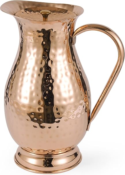 Pure Copper Pitcher with a Lid, Large Size Solid Handcrafted Copper Water Hammered Jug..