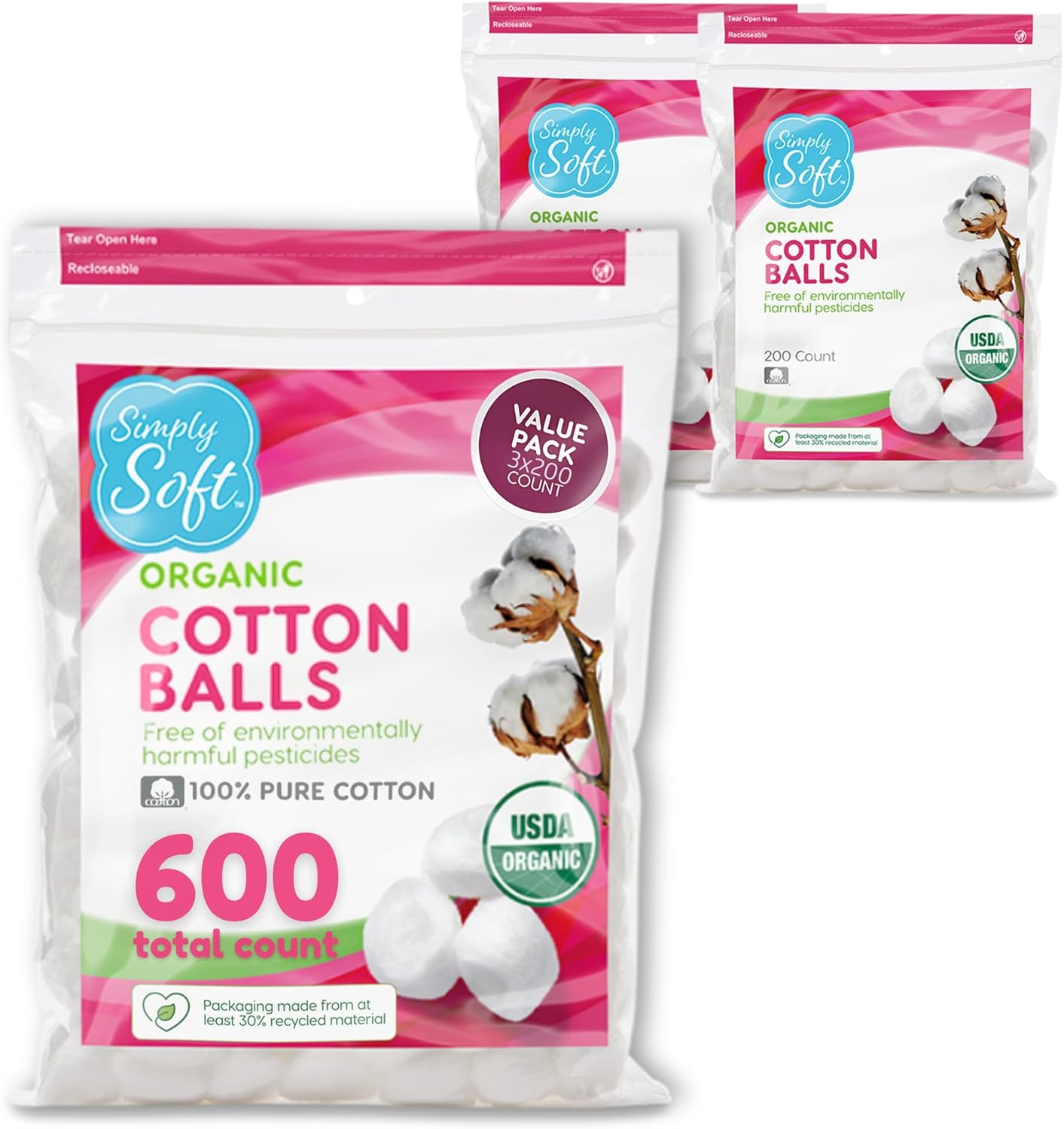 Simply Soft Premium Organic Cotton Balls, 600 Count (3 Bags) 100% Pure Cotton, Certified, Hypoallergenic, Large...