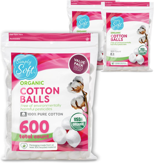 Simply Soft Premium Organic Cotton Balls, 600 Count (3 Bags) 100% Pure Cotton, Certified, Hypoallergenic, Large...