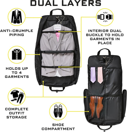 Premium Suit Garment Bag Carry On - Hangs 4 Suits - Travel & Business  (Black)