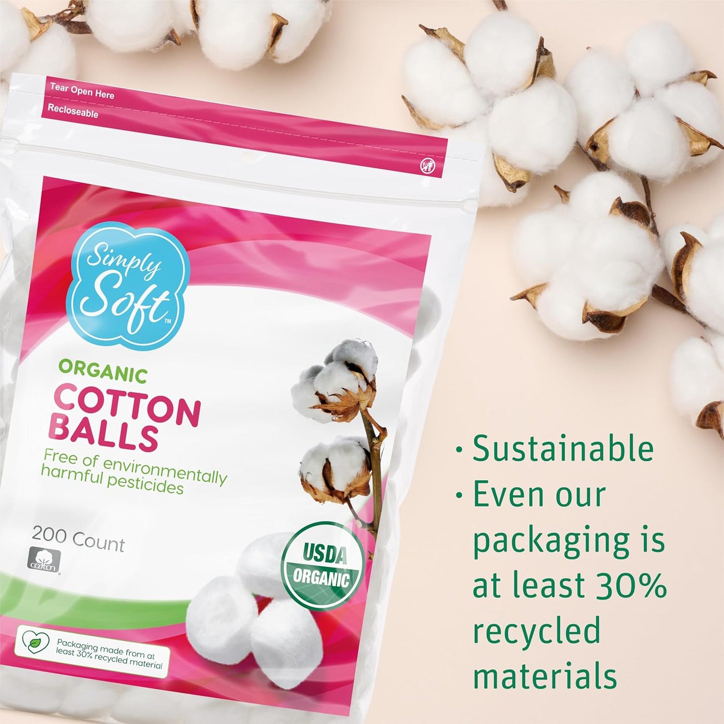 Simply Soft Premium Organic Cotton Balls, 600 Count (3 Bags) 100% Pure Cotton, Certified, Hypoallergenic, Large...