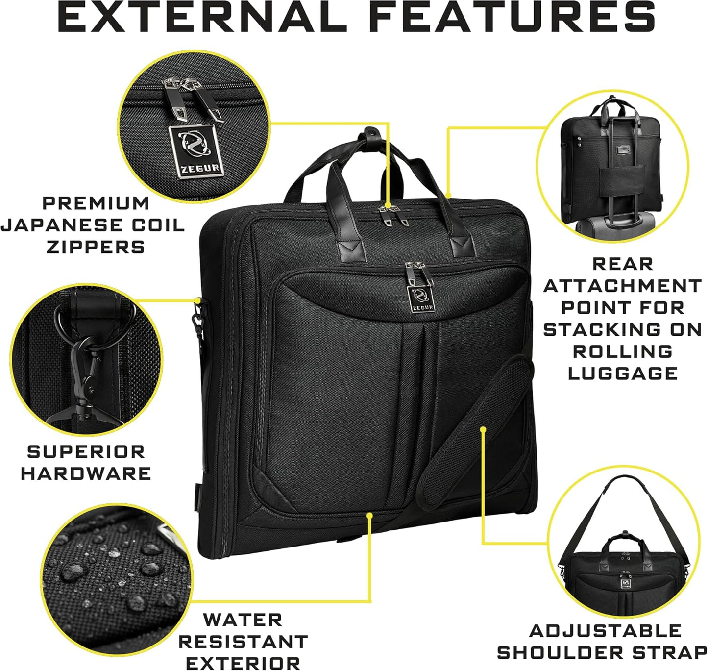 Premium Suit Garment Bag Carry On - Hangs 4 Suits - Travel & Business  (Black)