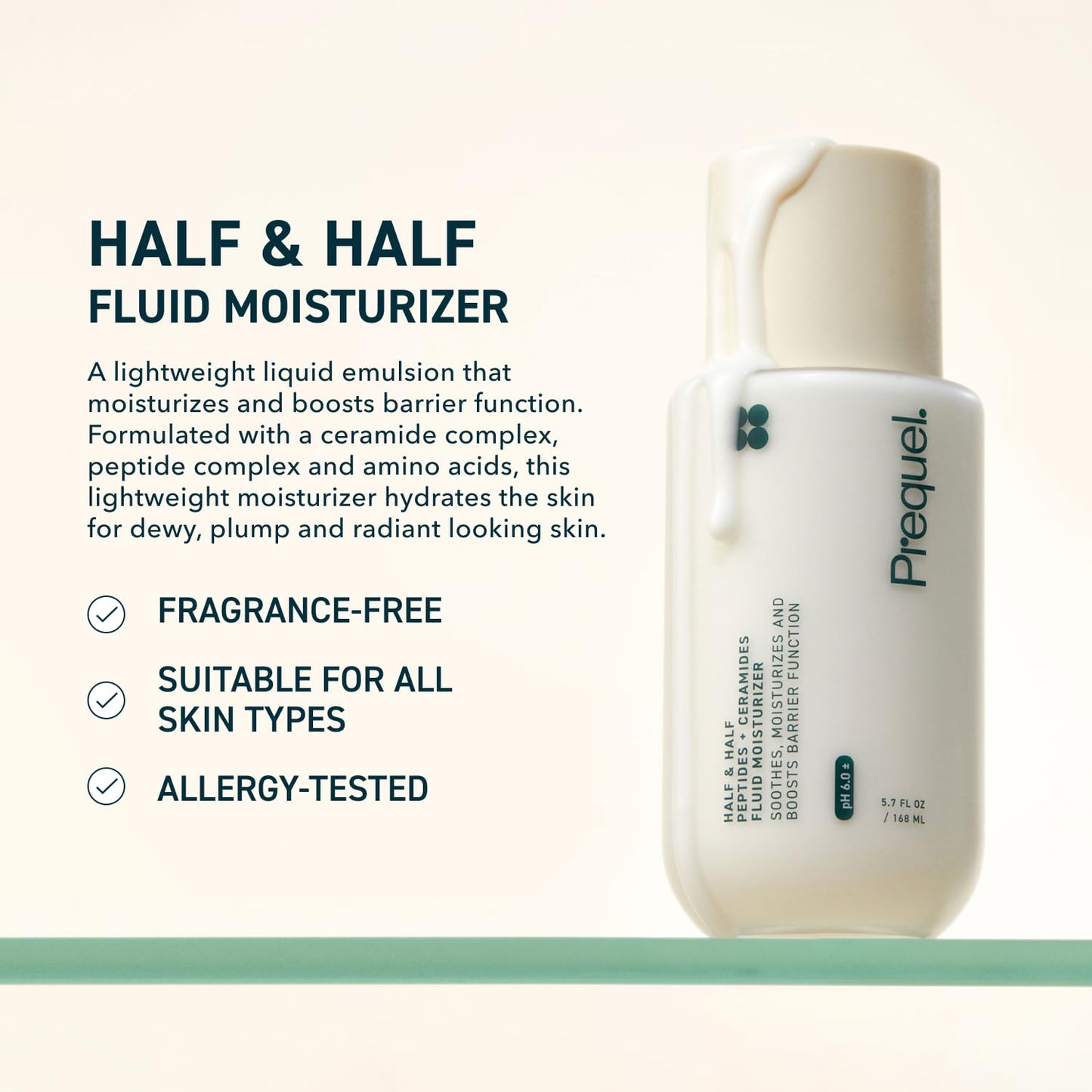 Prequel Skin Half and Half Fluid Moisturizer Face Cream. Lightweight Ceramide Peptide Lotion for All Skin Types..