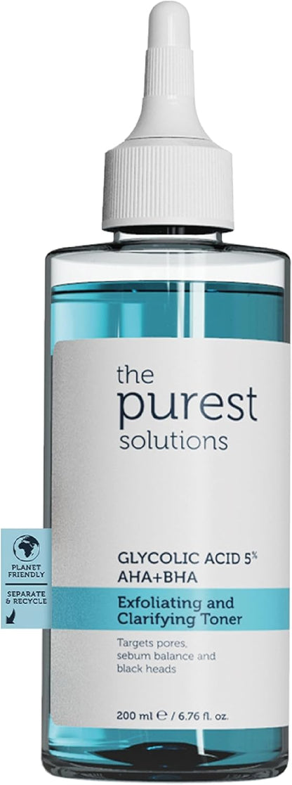 The Purest Solutions Exfoliating and Clarifying Toner (Glycolic Acid 5% AHA + BHA) - for All Skin Types | Cruelty Free (6.76 fl. oz)