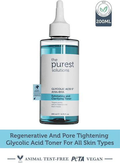 The Purest Solutions Exfoliating and Clarifying Toner (Glycolic Acid 5% AHA + BHA) - for All Skin Types | Cruelty Free (6.76 fl. oz)