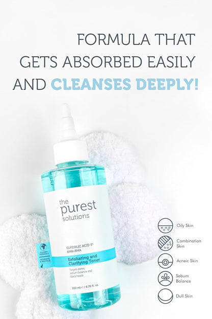 The Purest Solutions Exfoliating and Clarifying Toner (Glycolic Acid 5% AHA + BHA) - for All Skin Types | Cruelty Free (6.76 fl. oz)