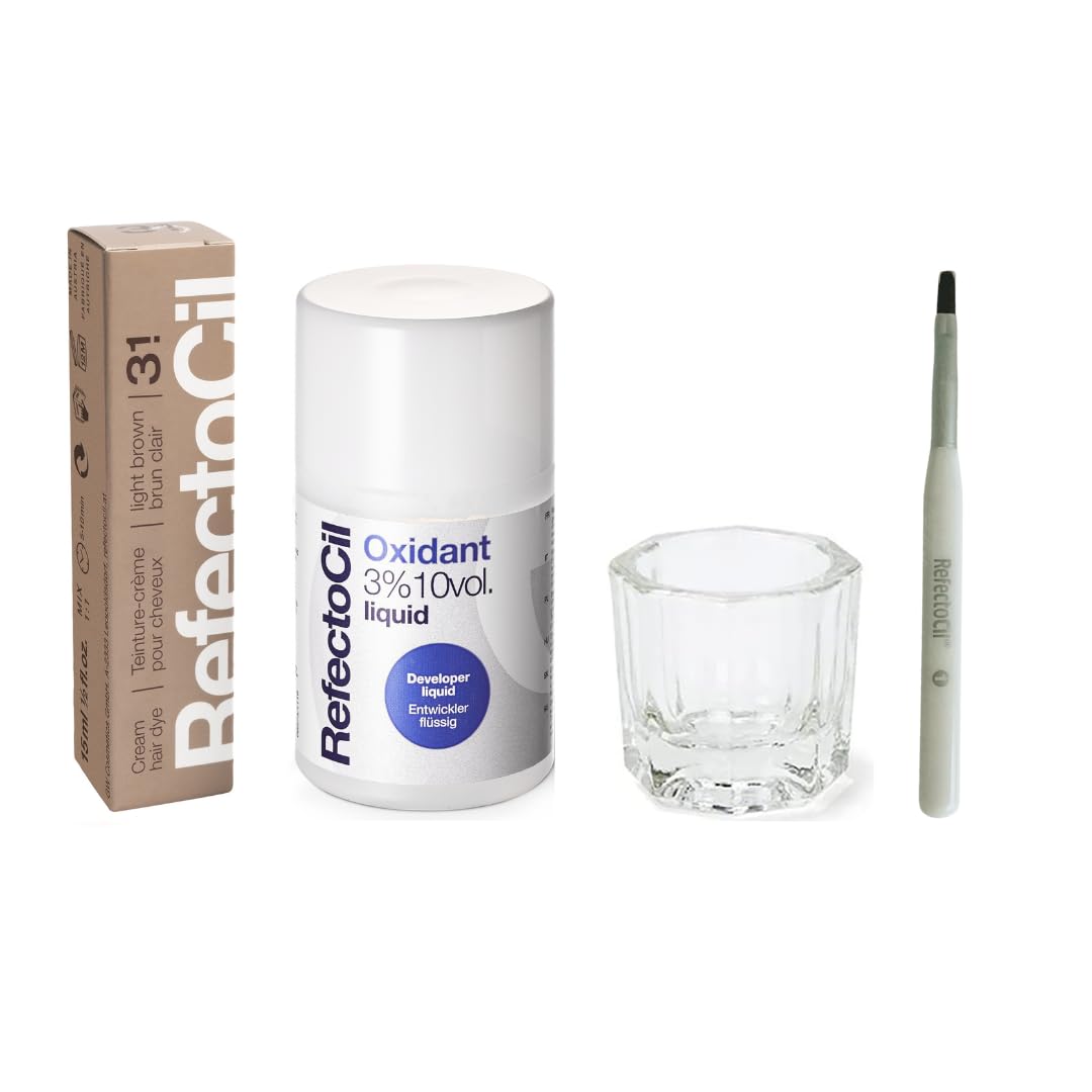 RefectoCil Hair Tinting Kit Includes Cream Hair Dye + Liquid Oxidant 3% + Mixing Brush & Mixing Dish | #3.1 Light brown