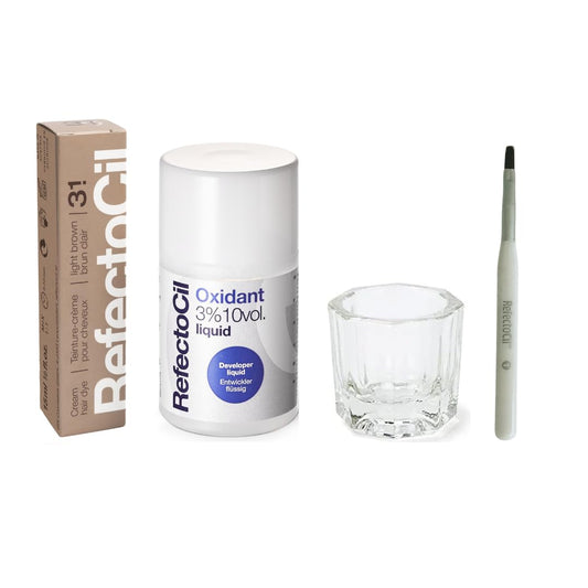 RefectoCil Hair Tinting Kit Includes Cream Hair Dye + Liquid Oxidant 3% + Mixing Brush & Mixing Dish | #3.1 Light brown