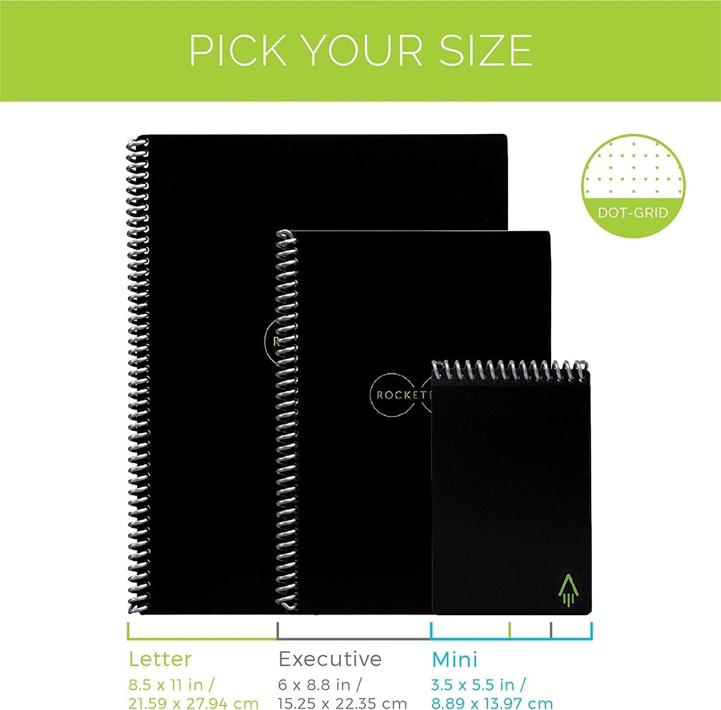 Rocketbook Core Reusable Spiral Notebook, Executive Size 6x8.8, Black - Dotted Pages, App-Connected..