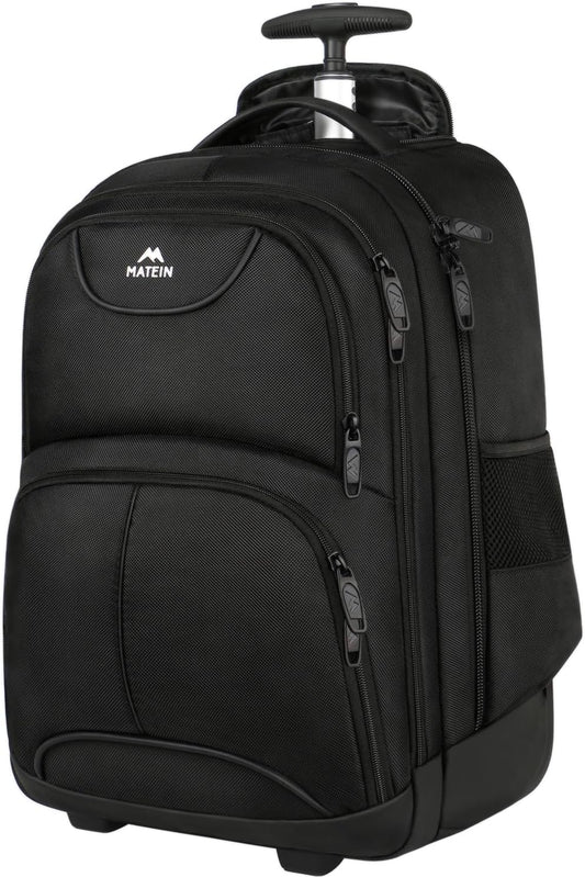 MATEIN Rolling Backpack, 17 inch Water Resistant Wheeled Laptop Backpack for Men Women Adults to Travel, Black