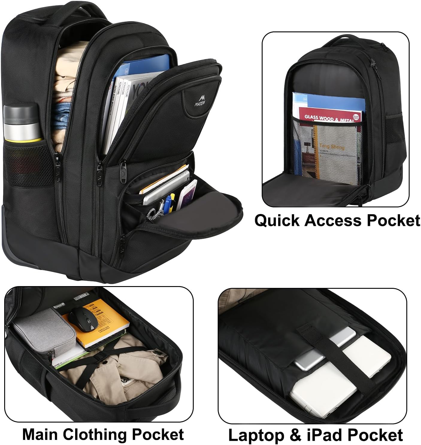 MATEIN Rolling Backpack, 17 inch Water Resistant Wheeled Laptop Backpack for Men Women Adults to Travel, Black